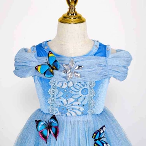 Blue princess dress with butterfly accents and velvet tulle for girls Halloween costumes
