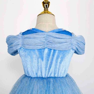 Detailed view of sky blue princess dress featuring sparkling sequins and pleated shoulders