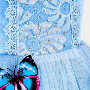 Detail of floral lace bodice with rhinestones and 3D butterfly on a blue princess dress