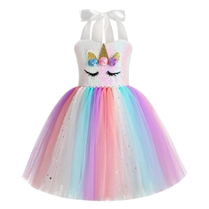 Robe en Tulle Imprimée Licorne Arc-en-ciel pour Filles Halter Tutu Robe de Princesse pour Fête d'Halloween Anniversaire