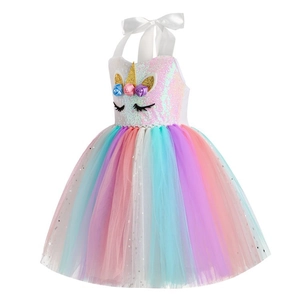 Robe licorne à paillettes pour filles avec jupe en tulle arc-en-ciel et fleurs 3D