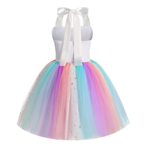 Robe de princesse arc-en-ciel pour fille avec grand nœud en satin et étoiles pailletées