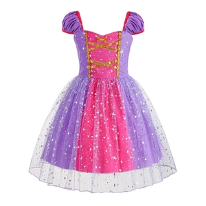 Mädchen Lila Prinzessinnenkleid Rapunzel Stil Halloween Kostüm Netz Puffärmel Partykleid Kinder Stern Bedruckt