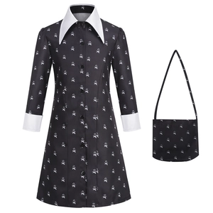 Gothic Girl Character Cosplay Dress For Kids Halloween Party Costume Black Printed Polyester Cotton Blend Long Sleeve Dress With Bag