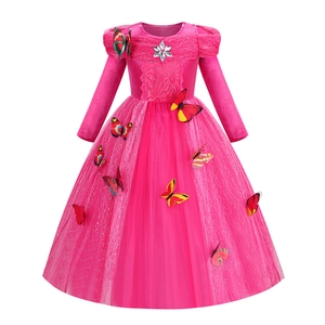 Girl's Rose Red Princess Dress Long Sleeve Mesh Performance Costume With 3D Butterfly Decorations Snowflake Rhinestone