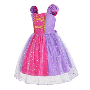 Lila Rapunzel Prinzessinnenkleid mit Glitzertüll und Puffärmeln für Mädchen-Cosplay