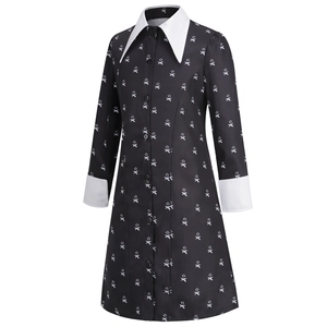Wednesday Addams gothic black dress with white collar and all-over white bone print