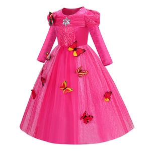 Fuchsia long-sleeve princess dress with butterfly 3D appliques and tiered tulle skirt