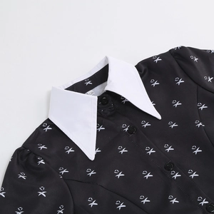 Wednesday Addams black dress with white pointed collar and printed pattern for girls