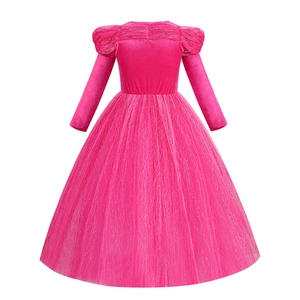 Rose pink long sleeve princess dress for girls featuring velvet bodice and tulle tutu skirt