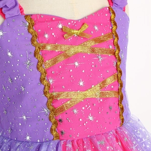 Rosa und violettes Rapunzel Prinzessinnenkleid für Mädchen mit goldener Schleife und Sternen