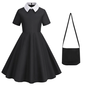 Wednesday Addams Cosplay Costume Dress For Women Girls Gothic Black Peter Pan Collar Dress With Bag Belt Accessories