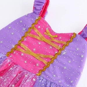 Detail des Prinzessinnenkleid-Oberteils mit goldenen Bändern, lila Tüll und Sternen