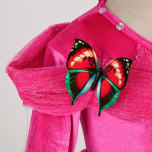 Pink velvet princess dress for girls featuring 3D butterfly and sparkling rhinestones