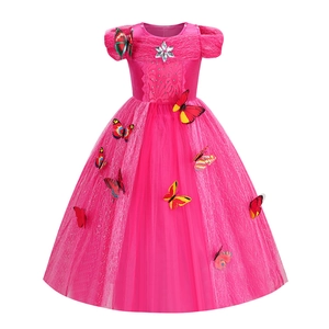 Girls Butterfly Mesh Princess Dress Rhinestone Lace Party Gown Halloween Performance Costume Rose Red Short Sleeve Tutu Dress