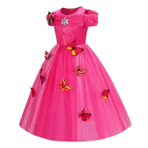 Pink Frozen-style princess dress with butterfly 3D decorations and tulle puff skirt