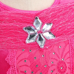 Detail of rose pink princess dress featuring silver mesh and a snowflake rhinestone icon