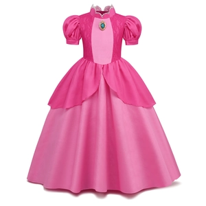 Girls Princess Dress Pink Cosplay Costume Halloween Party Wedding Birthday Elegant Lace Patchwork Puff Sleeve Gown