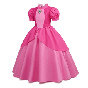 Pink princess cosplay dress for girls featuring puff sleeves and blue gemstone brooch