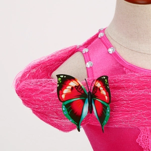 Front view of rose red princess dress featuring 3D butterfly and rhinestone details