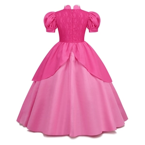 Pink princess costume dress with puff sleeves and lace back detail for girls cosplay
