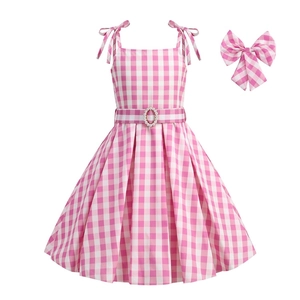 Girls Pink Gingham Princess Dress Summer Sleeveless Bow Tie Strap Dress With Belt Pearl Decor Sweet Cotton Blend Party Dress