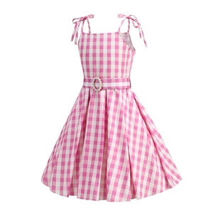Detail of pink gingham dress featuring bow shoulder straps and pearl buckle belt