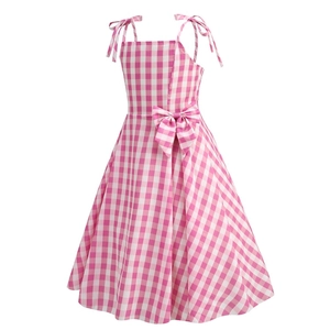 Detail of pink gingham girl's dress with bow straps and waist ribbon decoration