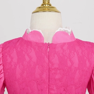 Detail of rose pink lace girls dress with wave lace collar and hidden back zipper