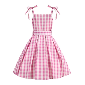 Pink and white checkered sleeveless princess dress with bow straps for girls