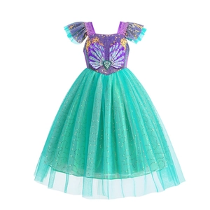 Robe de Princesse à Paillettes Sirène pour Filles Manches Volantes Maille Cosplay Costume Fête Performance Spectacle Tutu Enfants