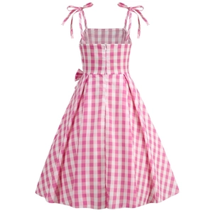 Pink and white checkered sleeveless girl's dress with adjustable shoulder bow ties