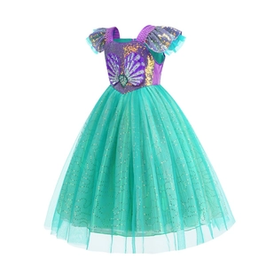 Robe de princesse sirène pour fille avec sequins violets et jupe en tulle bleu brillant