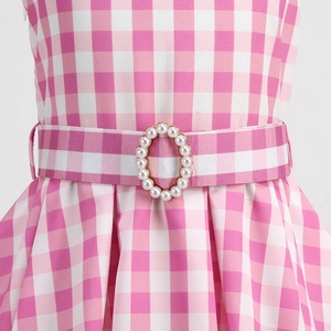 Detail view of the pink plaid dress waist with pearl buckle and matching belt design
