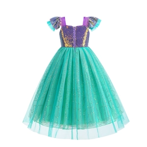 Robe princesse sirène pour fille avec paillettes violettes et jupe en tulle vert