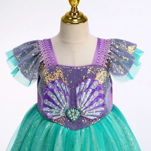 Robe princesse sirène pour fille avec sequins violets et tulle vert pour cosplay