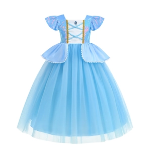 Girls Light Blue Princess Dress Sequin Mesh Tulle Gown For Halloween Cosplay Cinderella Style Bow Performance Dress