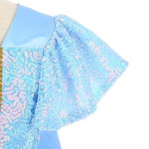 Detail of light blue Cinderella dress with sequins, mesh sleeves and gold trim lace