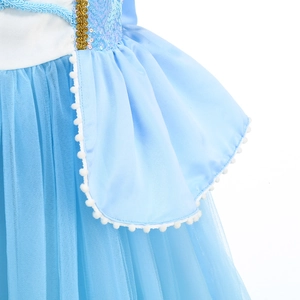 Detail of light blue princess dress showing mesh fabric, sequins, and gold braided trim