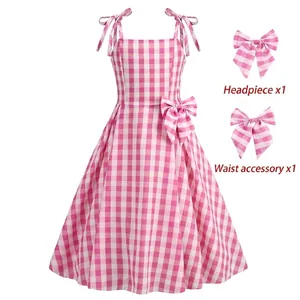Pink gingham princess dress for girls with shoulder bows, headpiece, and waist ornament set
