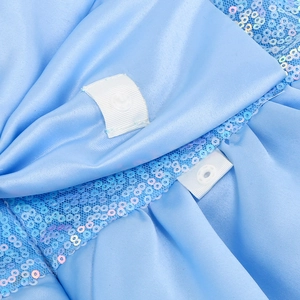 Detail of light blue satin dress featuring sequin mesh overlay and white snap button closure