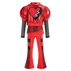 Red and black cosplay costume with heart-printed metallic jacket and snakeskin pants