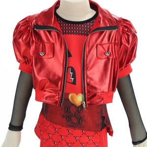 Detail of red metallic jacket and heart print top for kids Descendants 4 cosplay costume