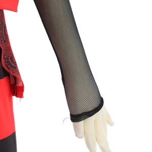 Detail of red and black textured fabric with black fishnet mesh sleeve for cosplay costume