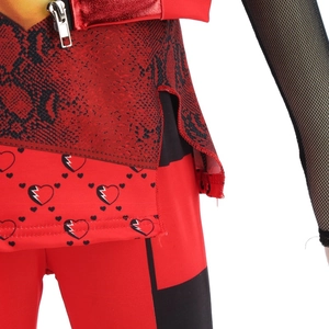 Detail of red snake pattern vest with metallic zipper and mesh sleeves for costume
