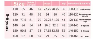Size chart for kids trousers showing length and waist measurements for ages 5 to 15 years