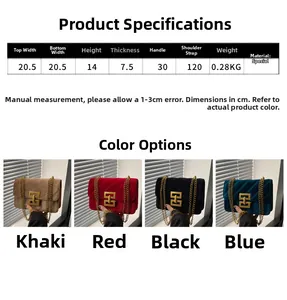 Detailed size chart and color options for women's quilted chain crossbody bag
