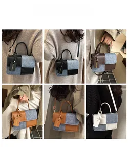 Detail of color-block tote bags in four variants with denim texture and top handles