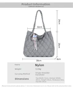 Detailed size chart for nylon quilted tote bag with specific dimensions and weight details