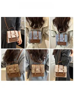 Collage of multi-wear women's backpack in beige, denim blue and brown with cat pattern